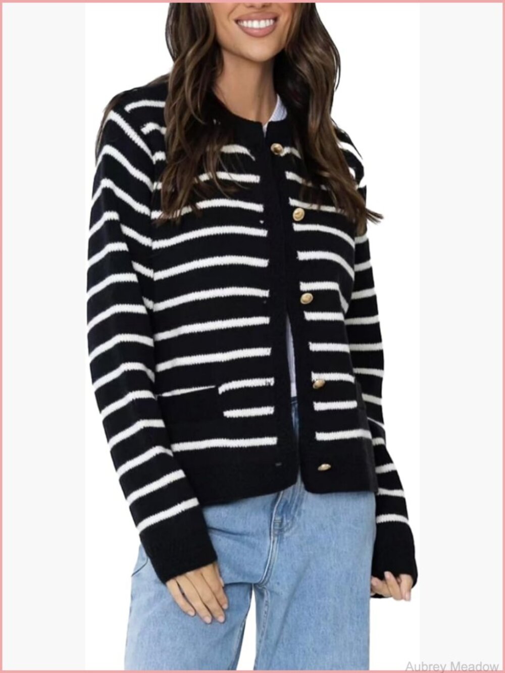 Striped Knit Button Cardigan Long Sleeve Relaxed Fit